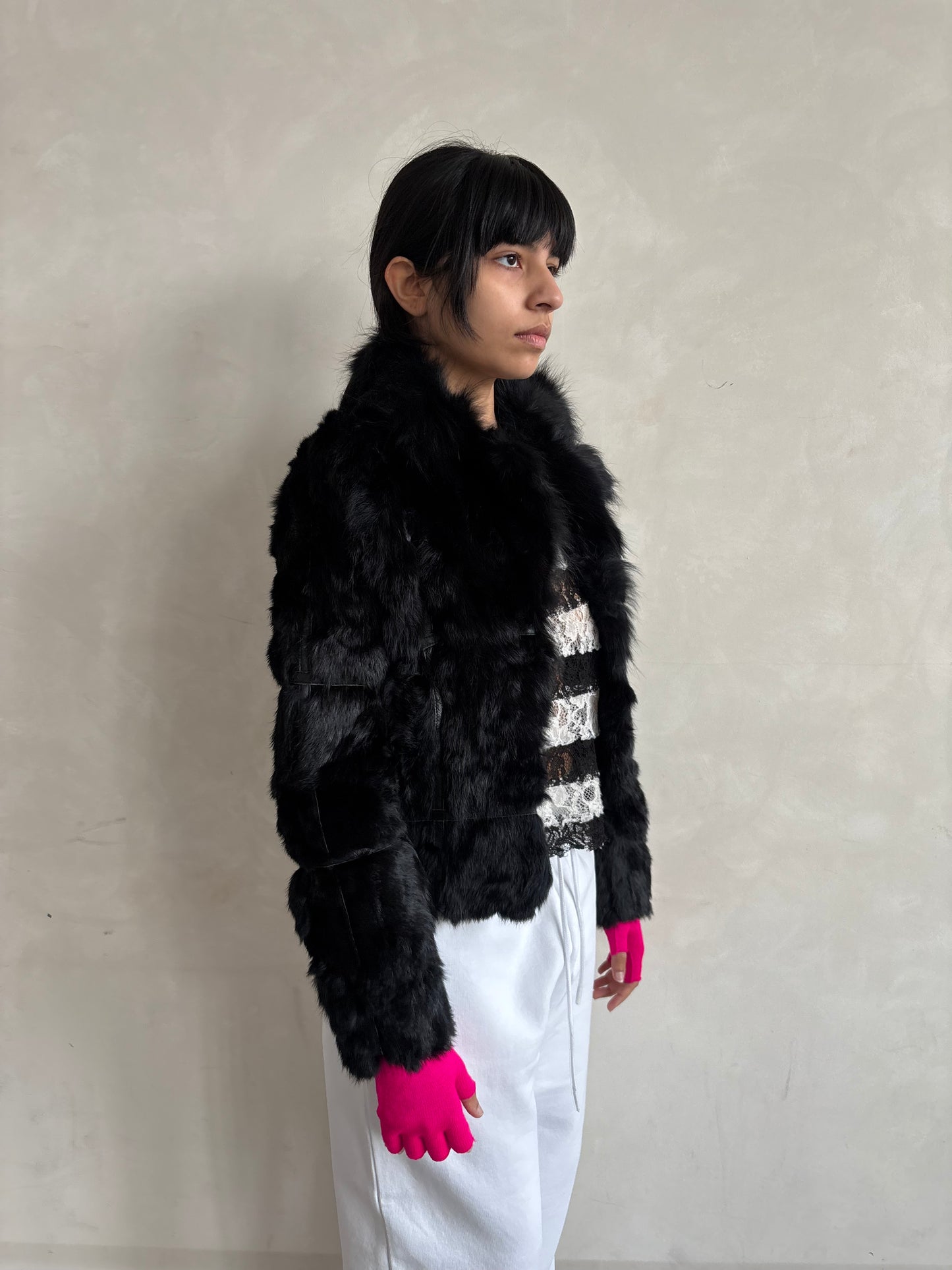 BLACK FUR AND LEATHER JACKET