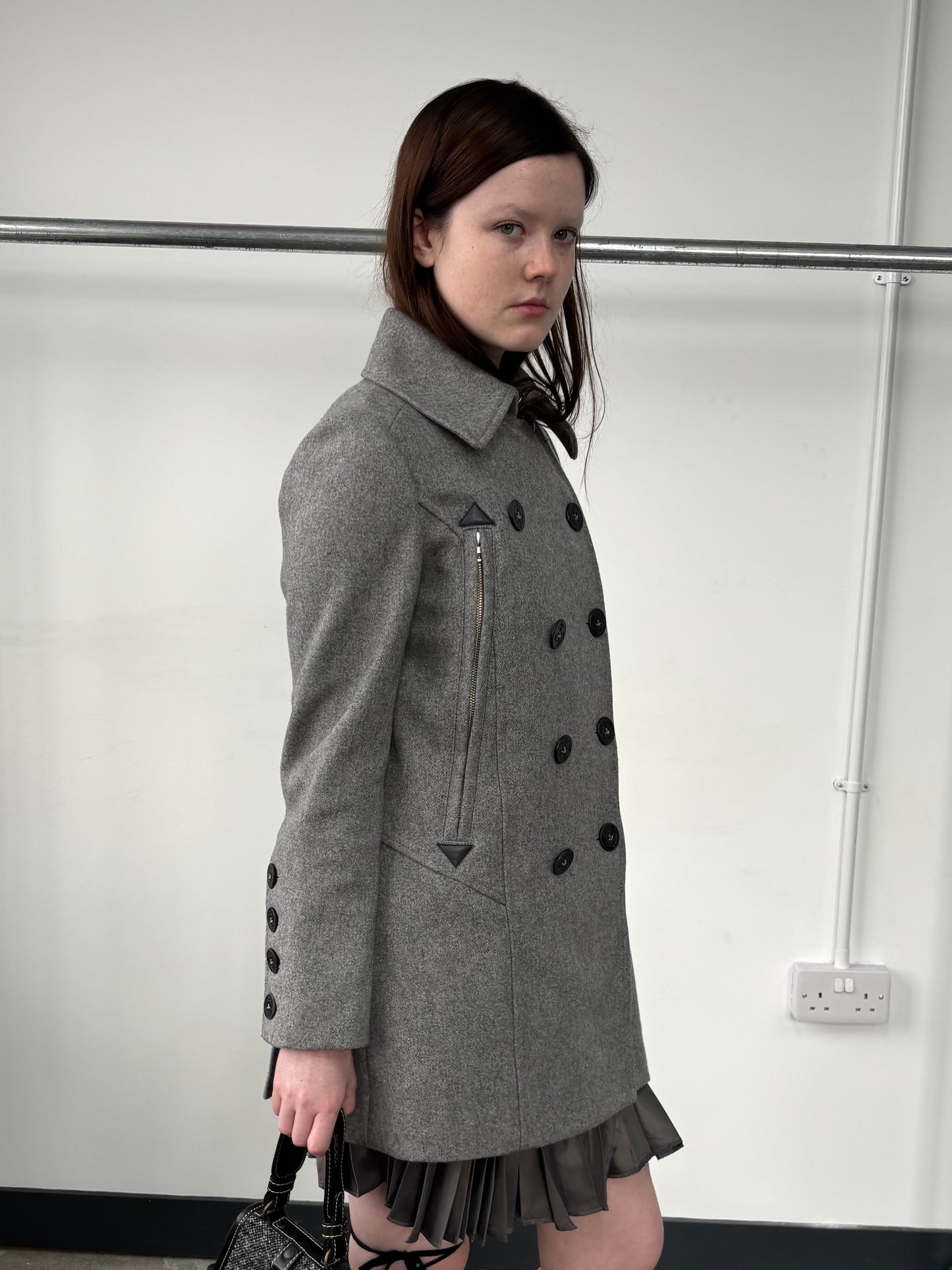 GREY WOOL PEACOAT WITH FRILLY LINING