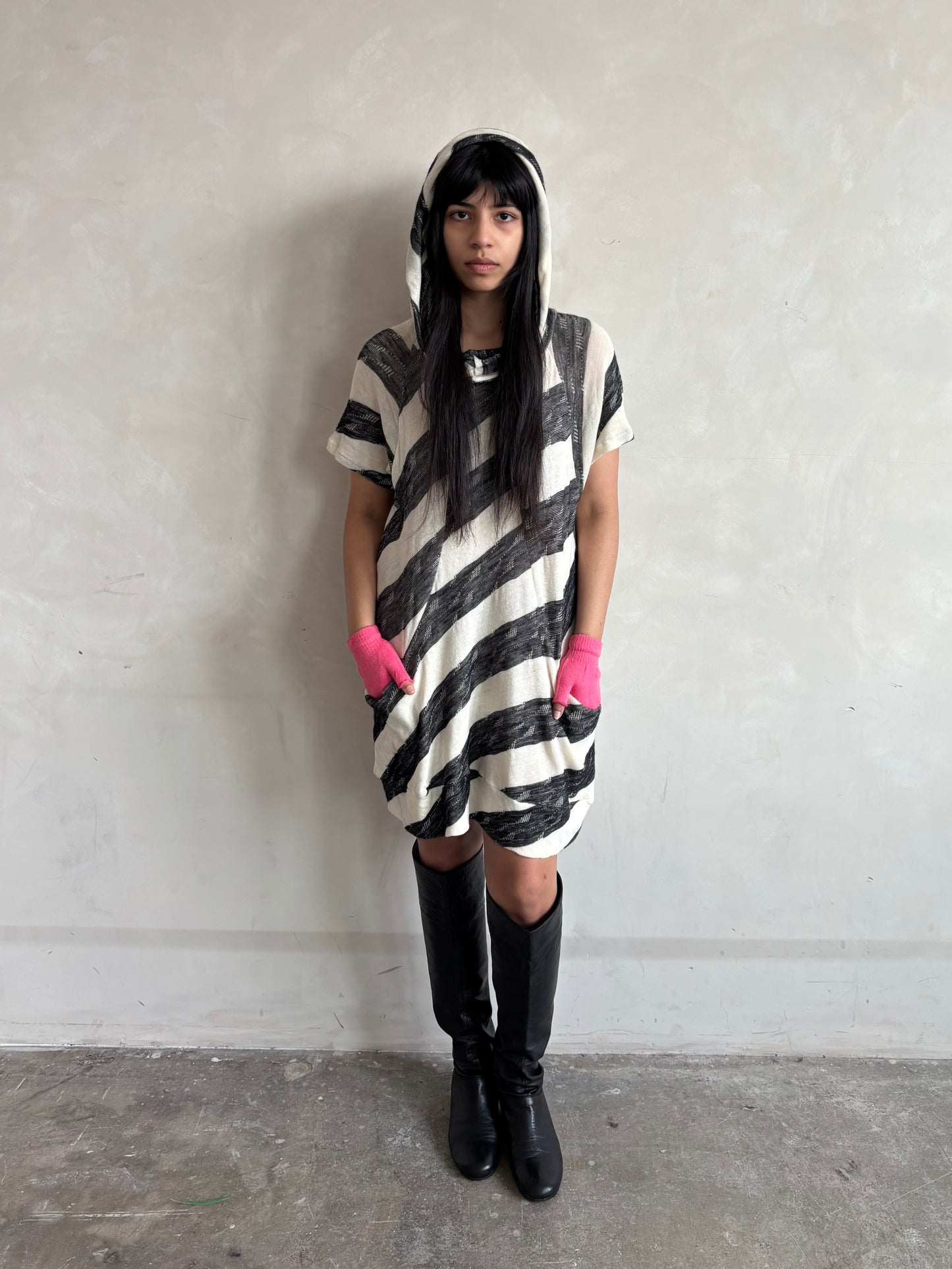 GOMME STRIPE KNIT HOODED DRESS