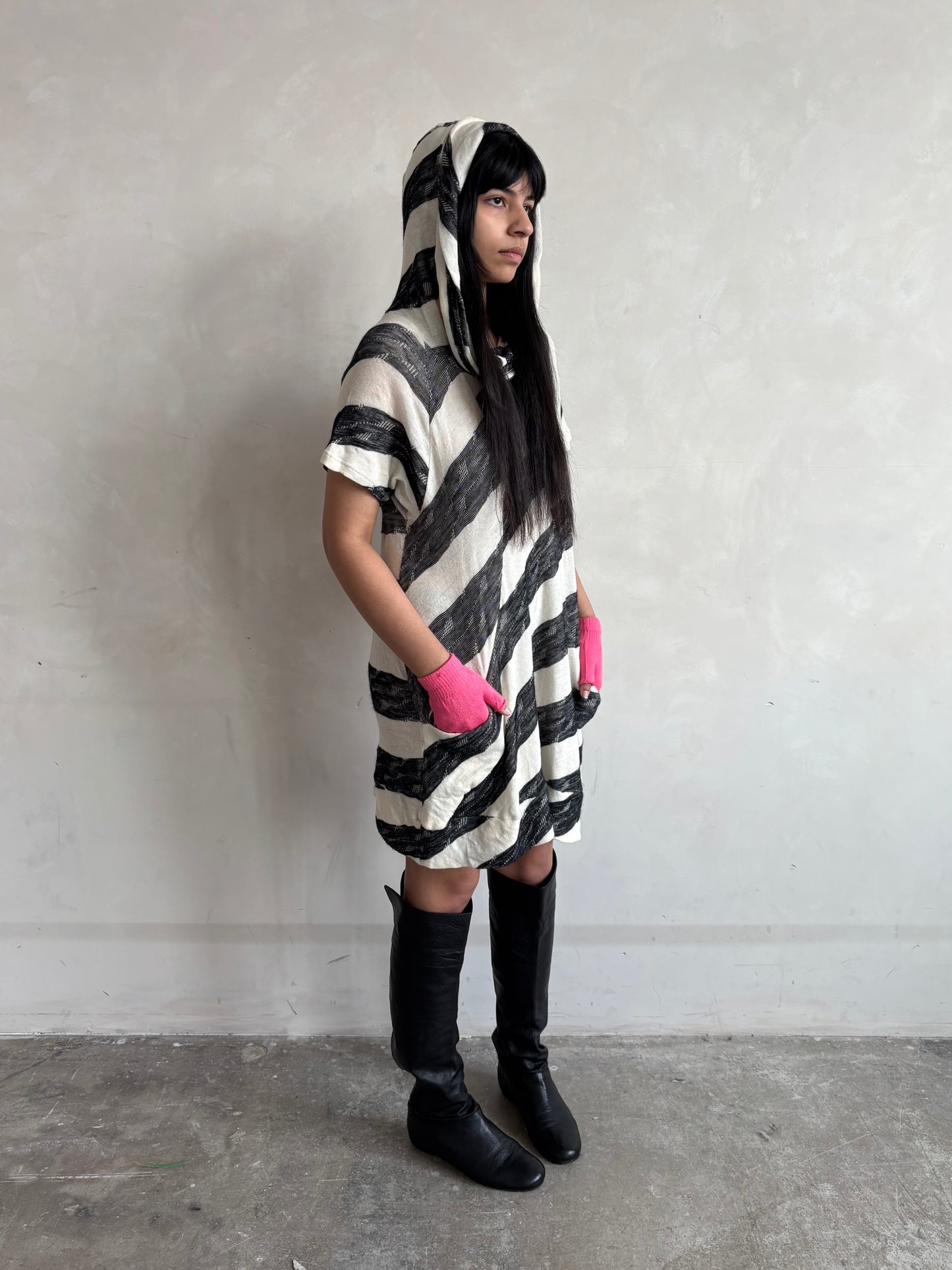 GOMME STRIPE KNIT HOODED DRESS