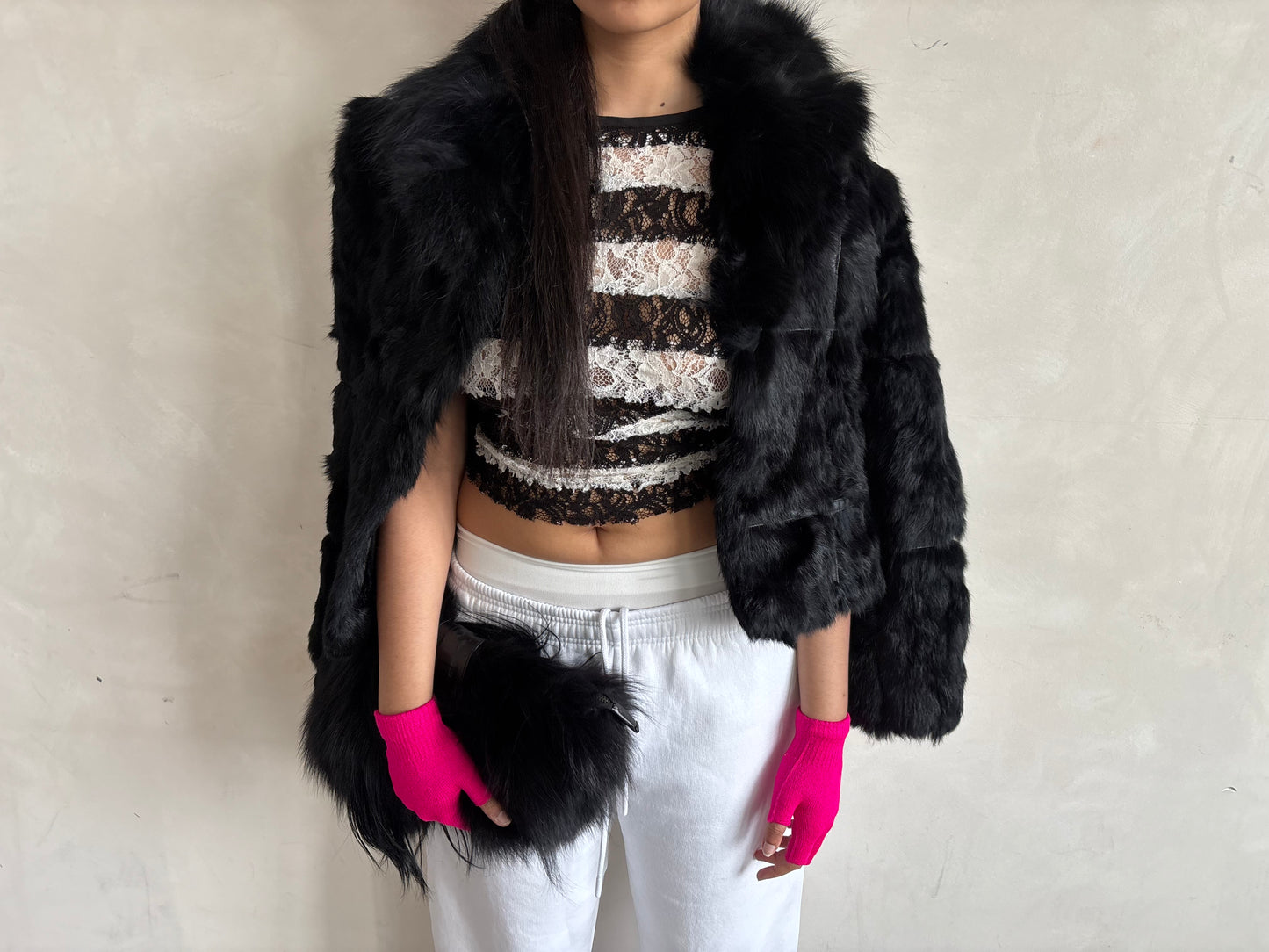 BLACK FUR AND LEATHER JACKET