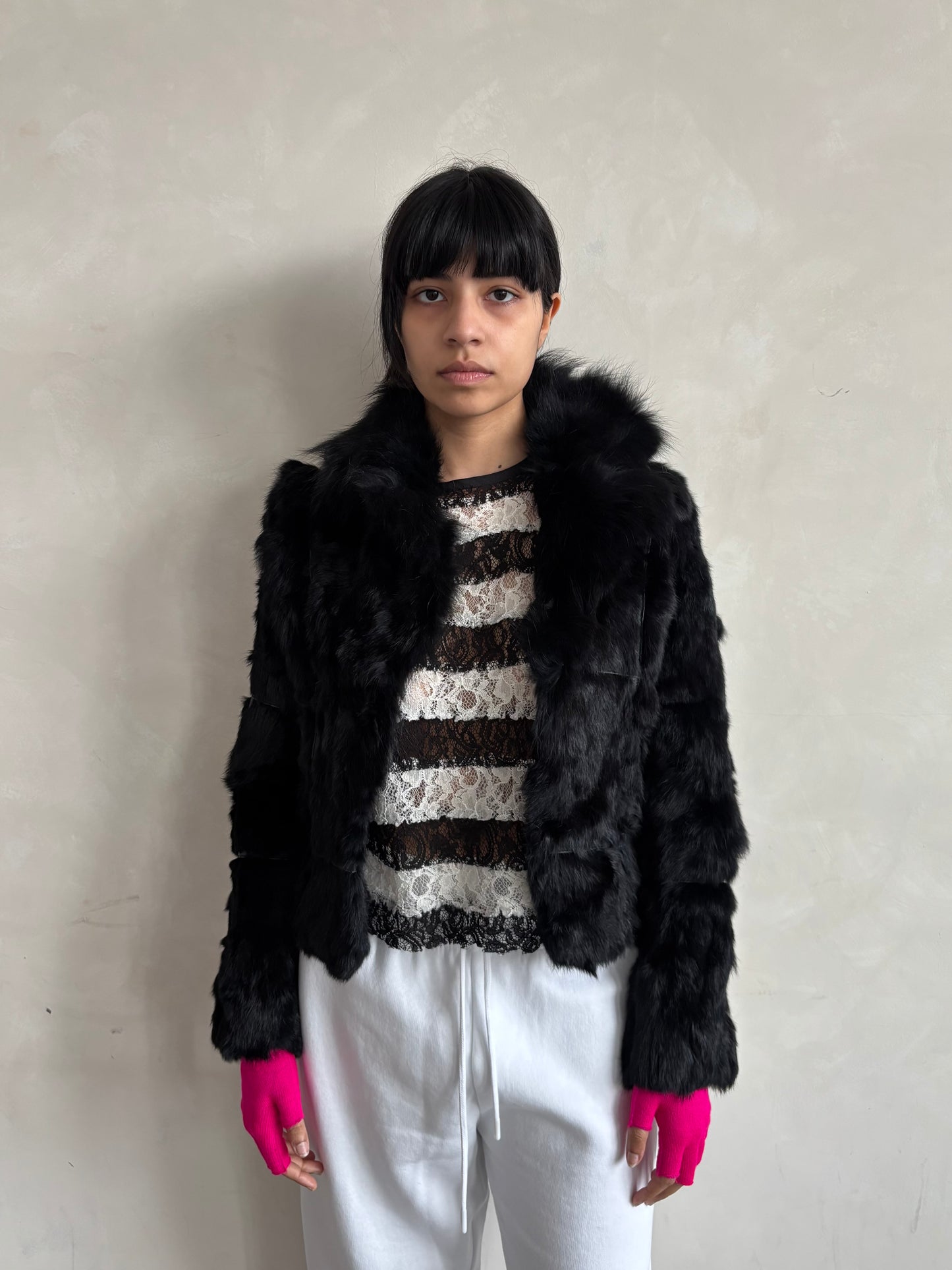 BLACK FUR AND LEATHER JACKET