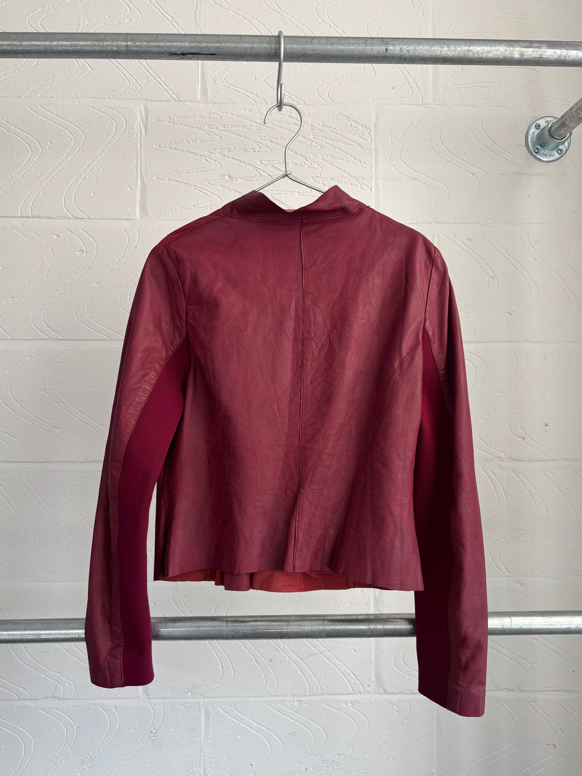 RED LEATHER ASYMMETRIC ZIP UP