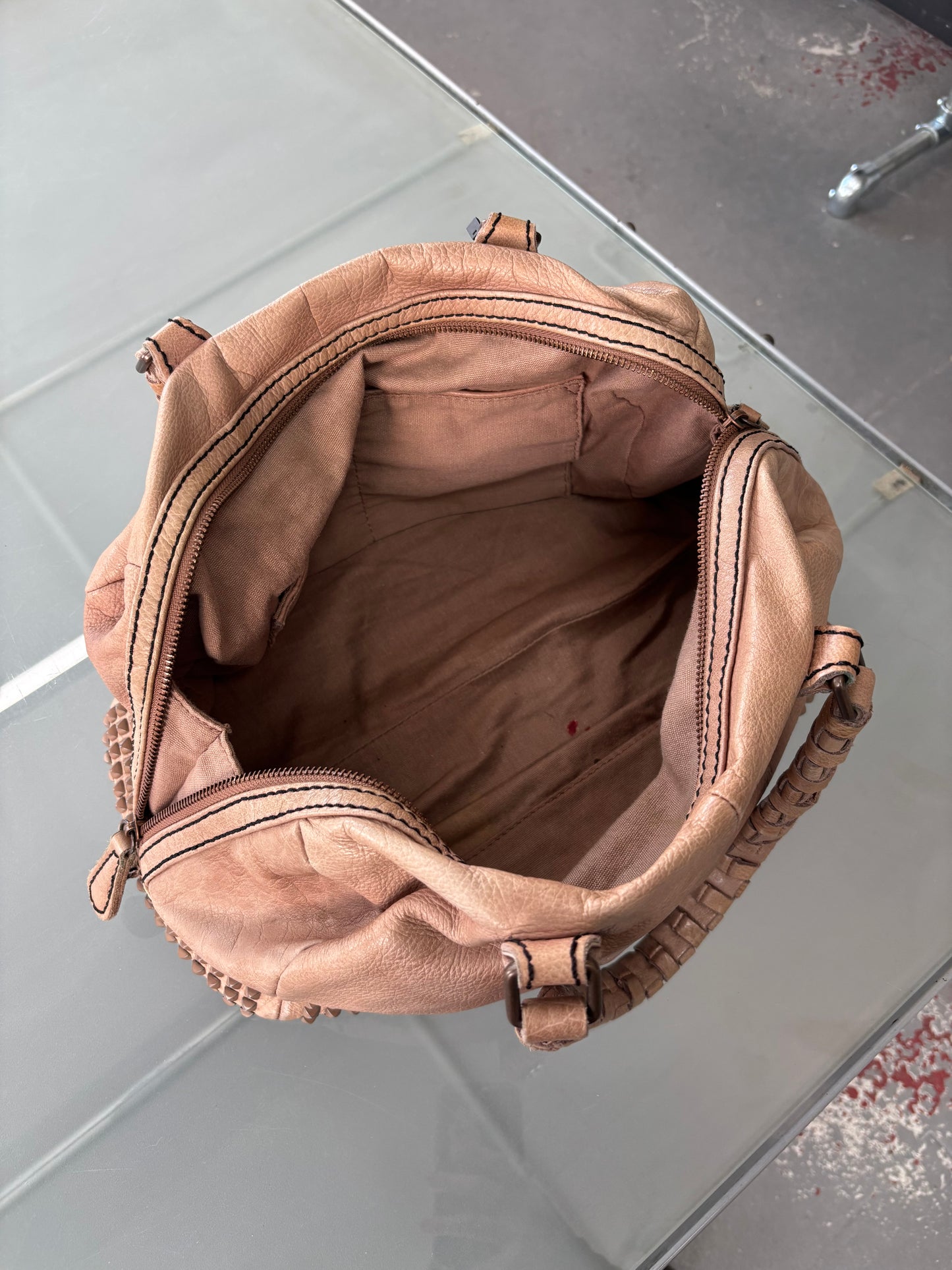 NUDE PINK STUDDED LEATHER BAG