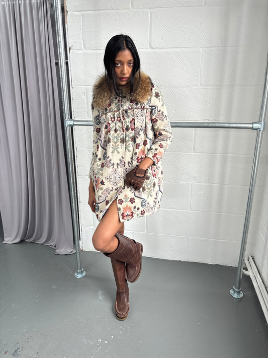 JAPANESE DECONSTRUCTED FLORAL JACKET WITH FUR