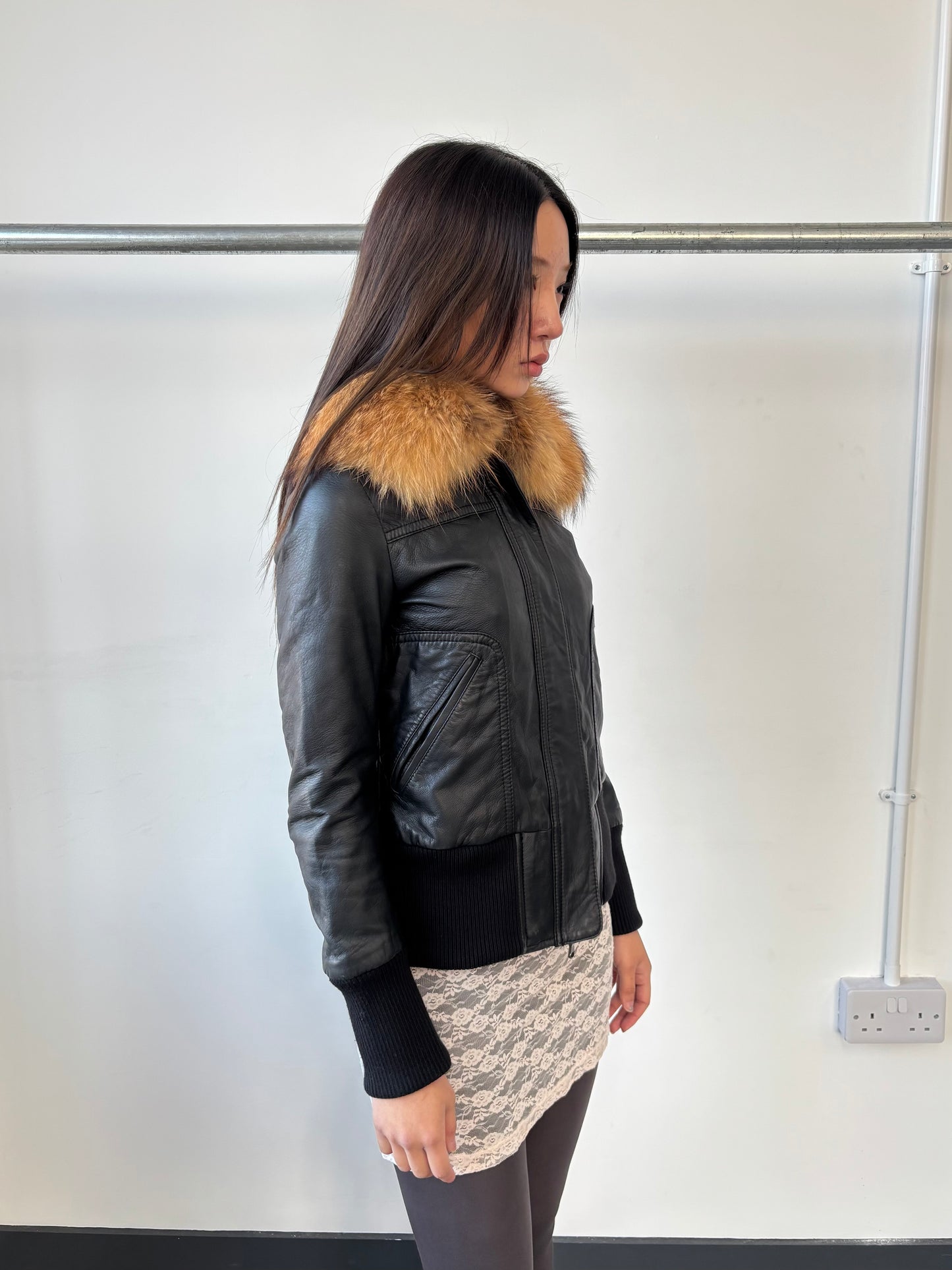 LEATHER JACKET WITH FUR COLLAR