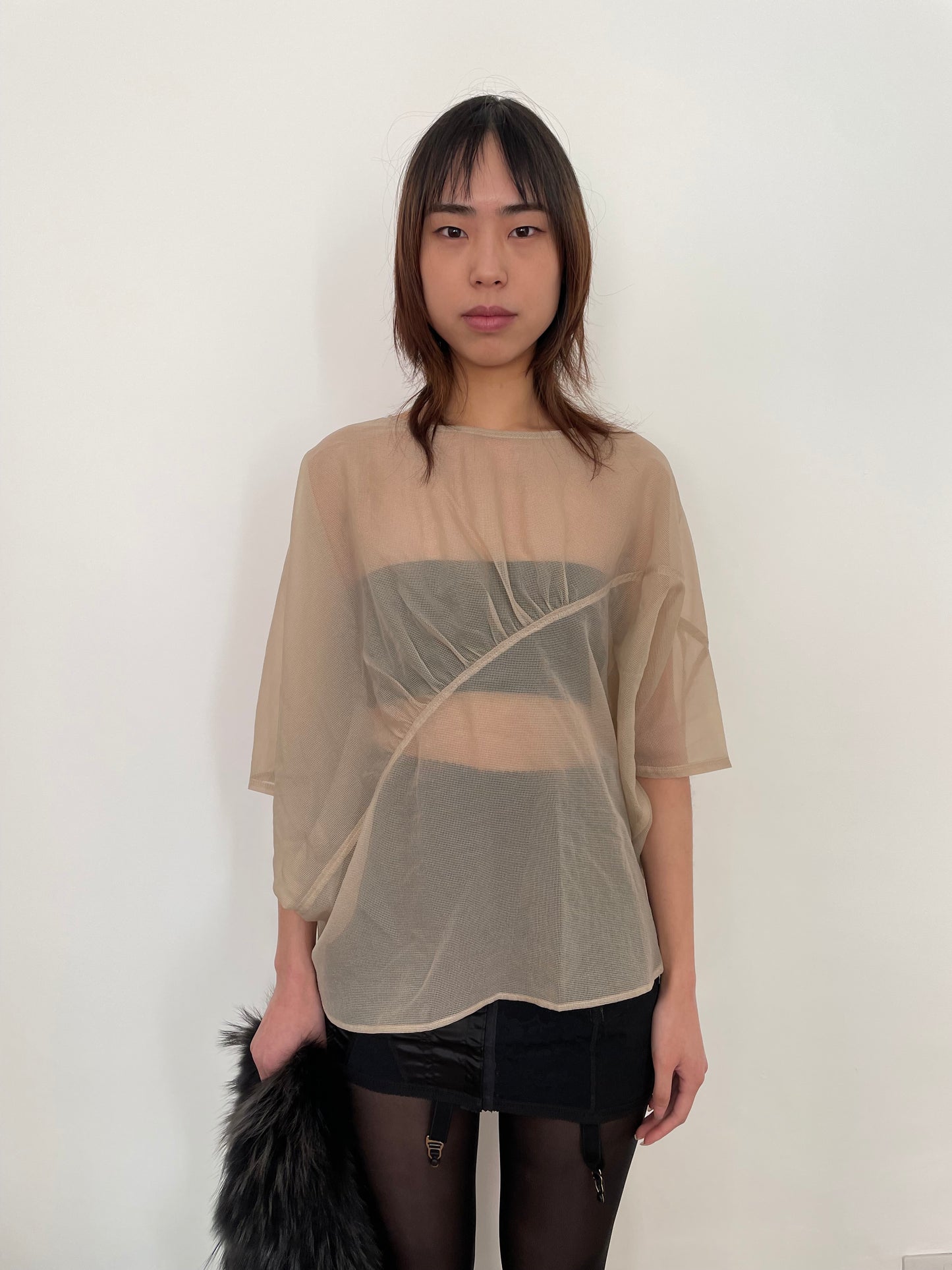 JAPANESE DESIGNER SHEER GRID BATWING TOP