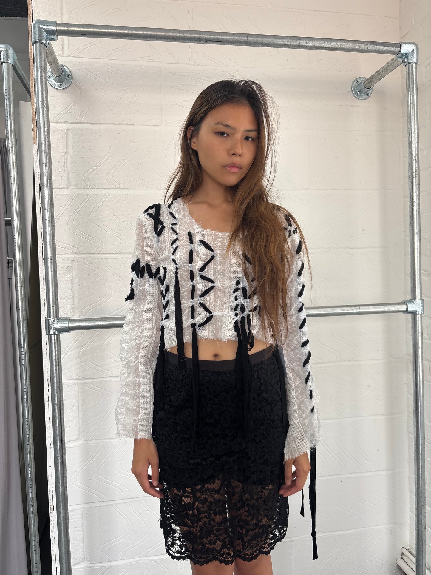 SHEER LACE UP BLOUSE
