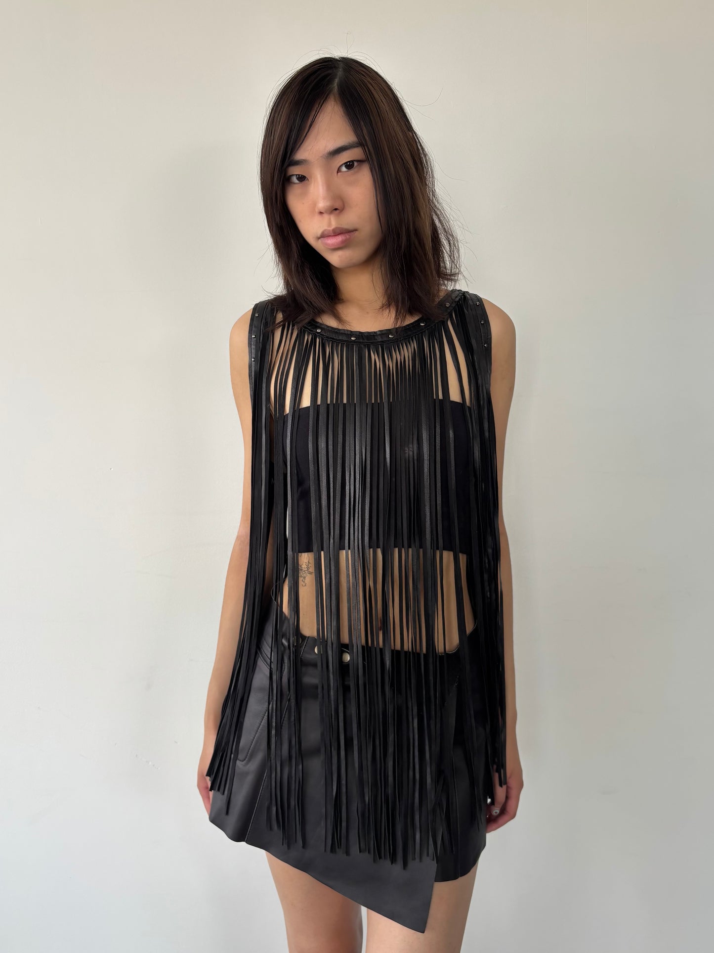 LEATHER LOOK FRINGE TOP
