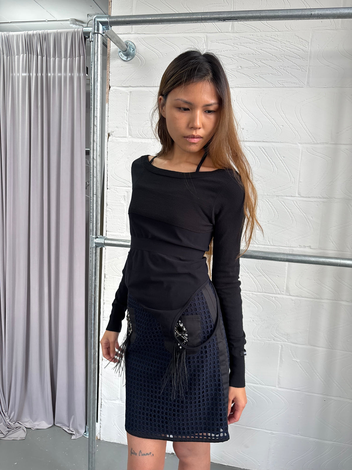 JAPANESE DESIGNER EMBELLISHED FAUX FEATHER SKIRT