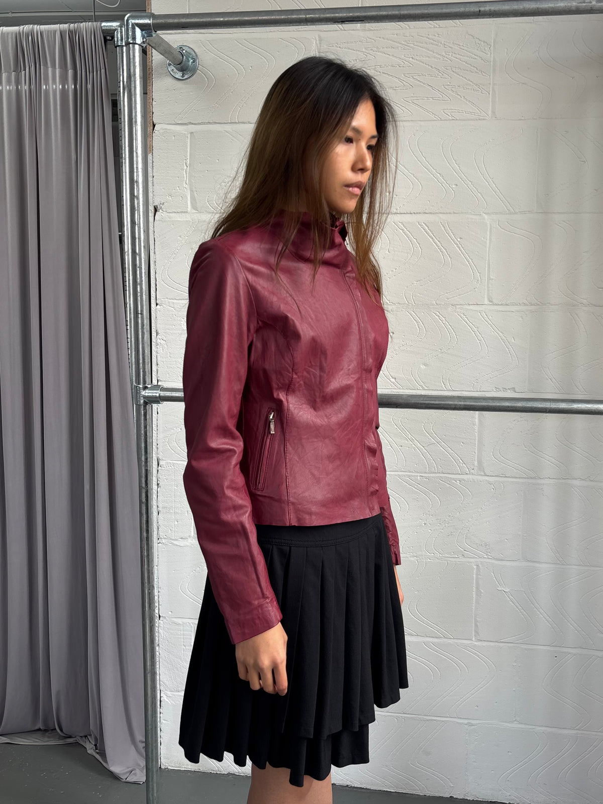 RED LEATHER ASYMMETRIC ZIP UP