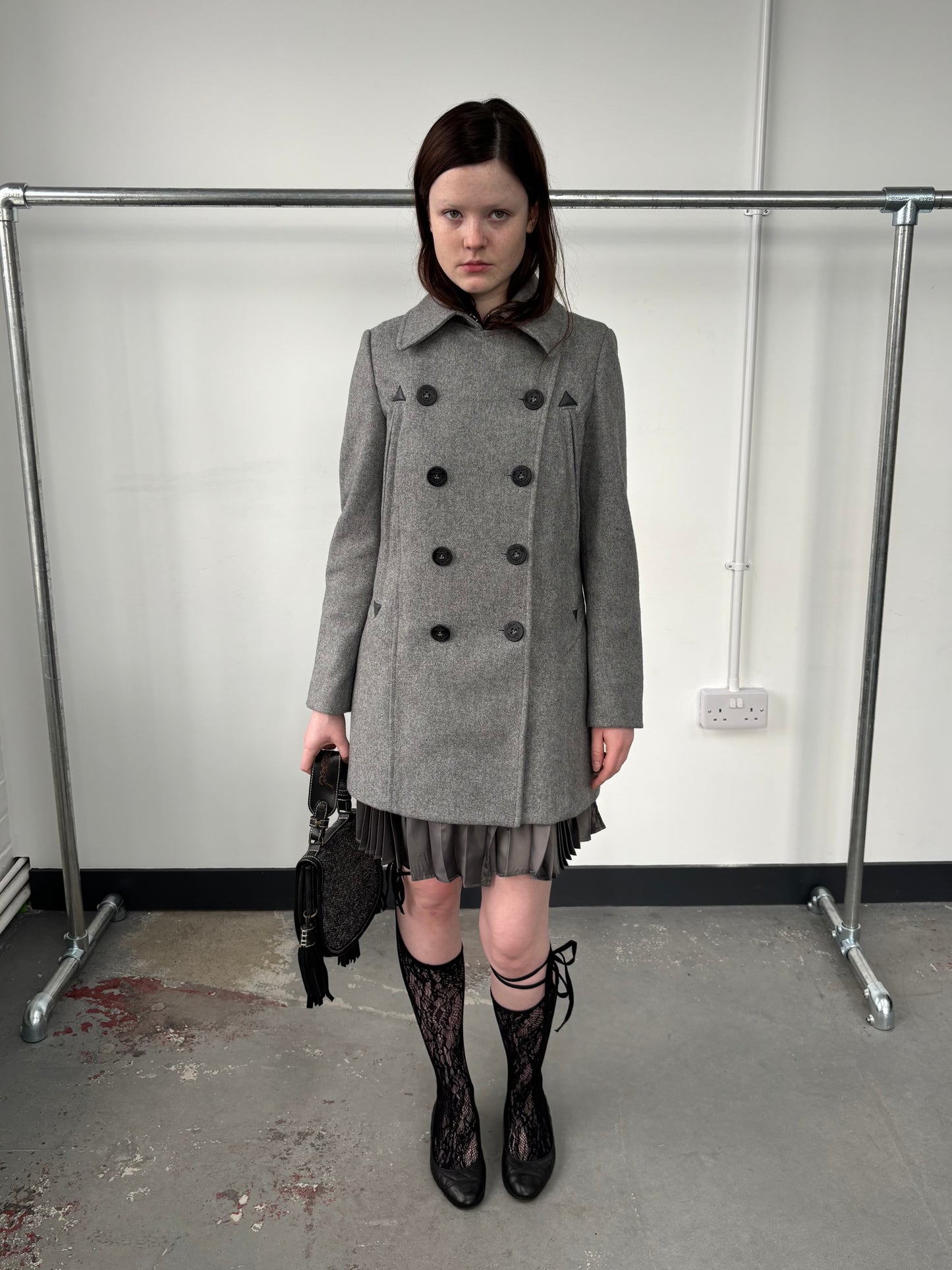 GREY WOOL PEACOAT WITH FRILLY LINING