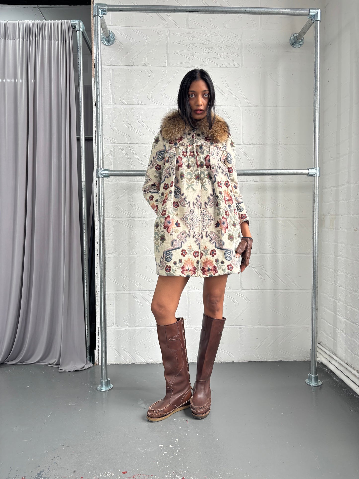 JAPANESE DECONSTRUCTED FLORAL JACKET WITH FUR