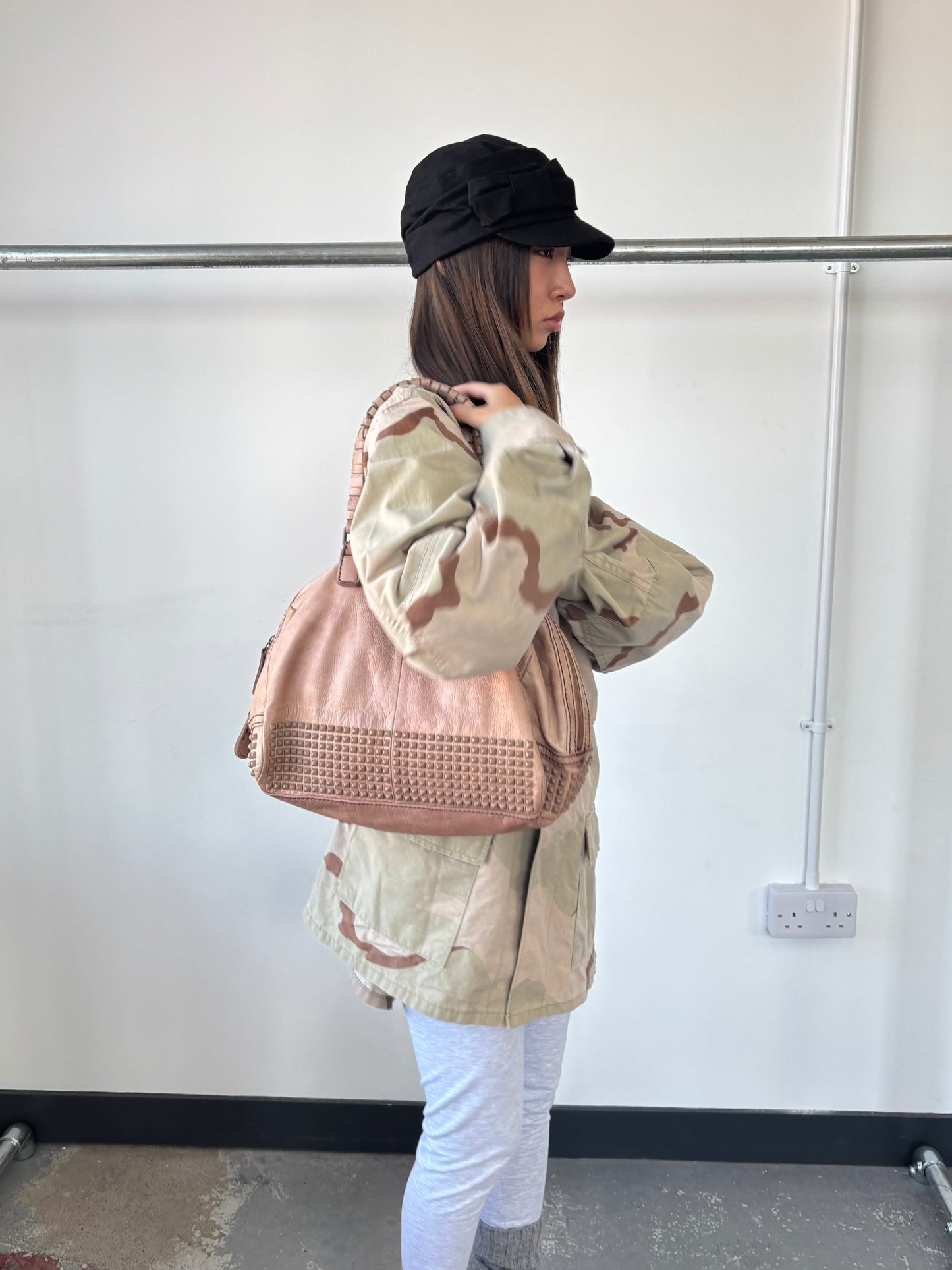 NUDE PINK STUDDED LEATHER BAG