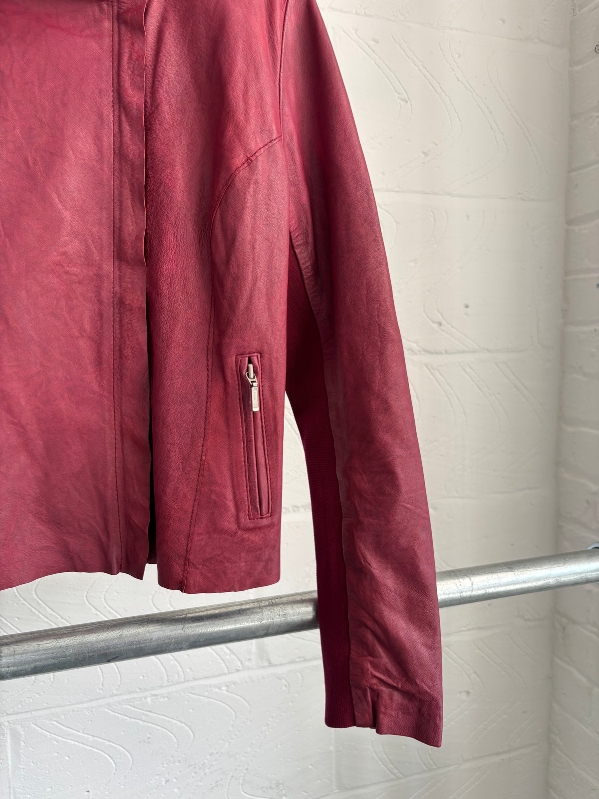 RED LEATHER ASYMMETRIC ZIP UP
