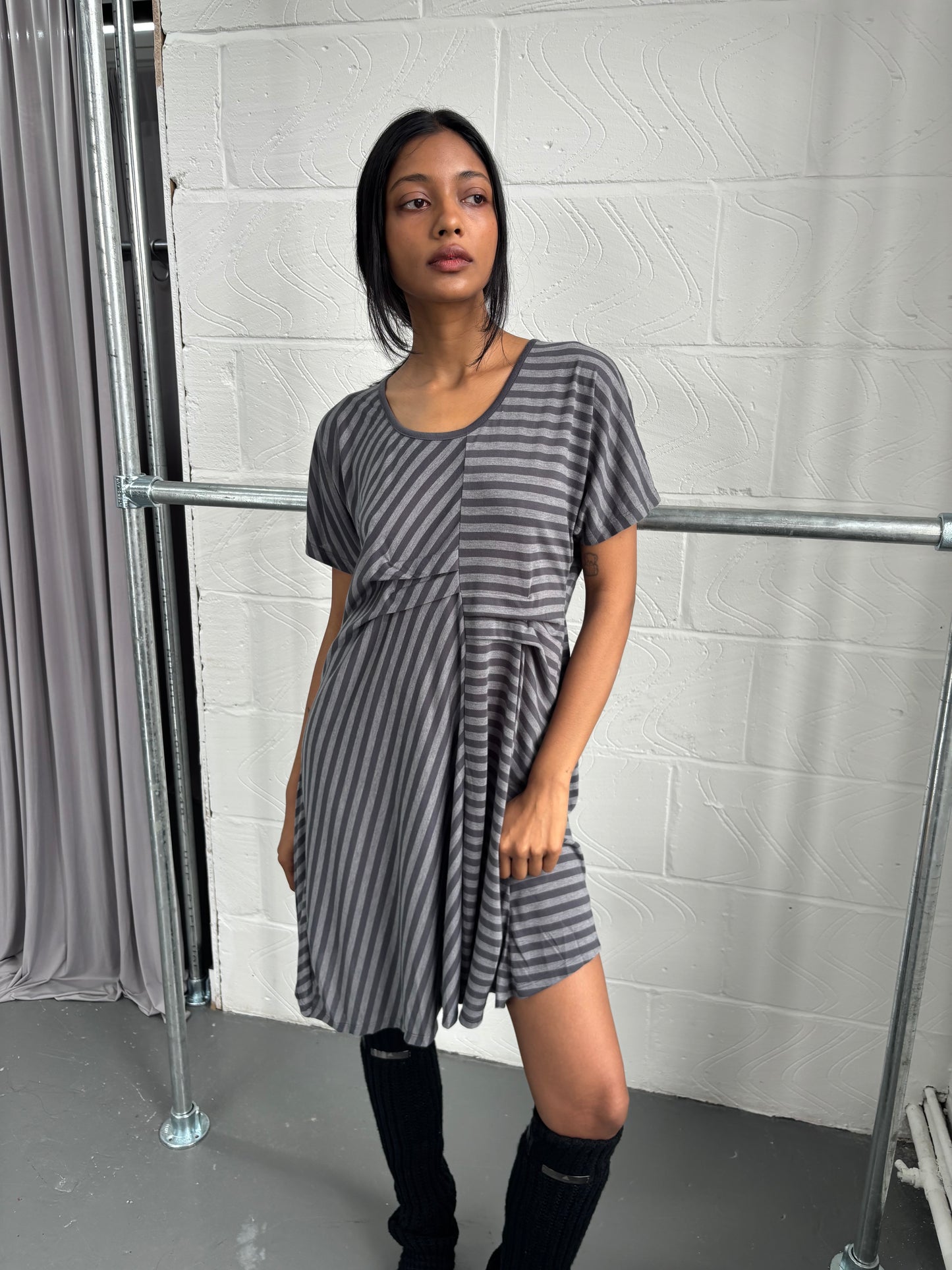 JAPANESE DESIGNER HITCHED STRIPE DRESS