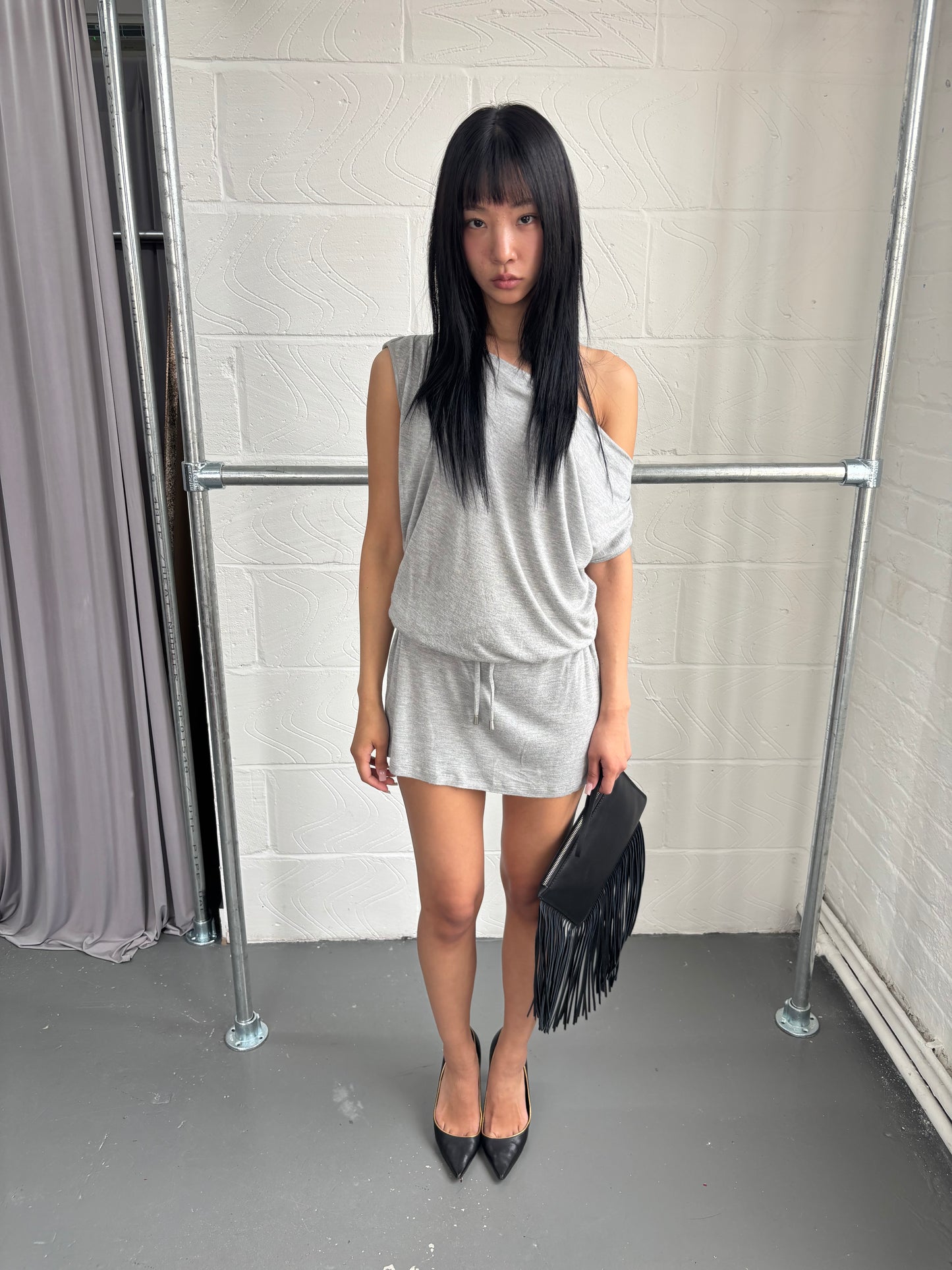 GREY SHOULDER PAD JERSEY DRESS