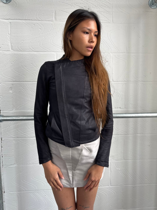 GOAT LEATHER ASYMMETRIC ZIP UP JACKET