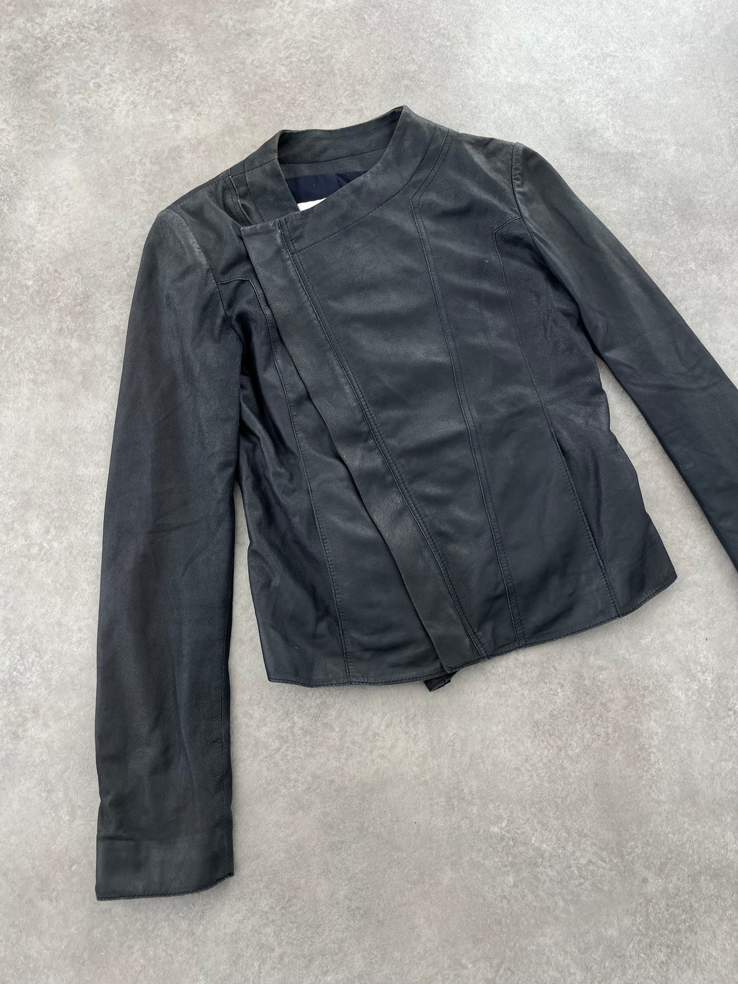 ASYMMETRIC ZIP UP GOAT LEATHER JACKET