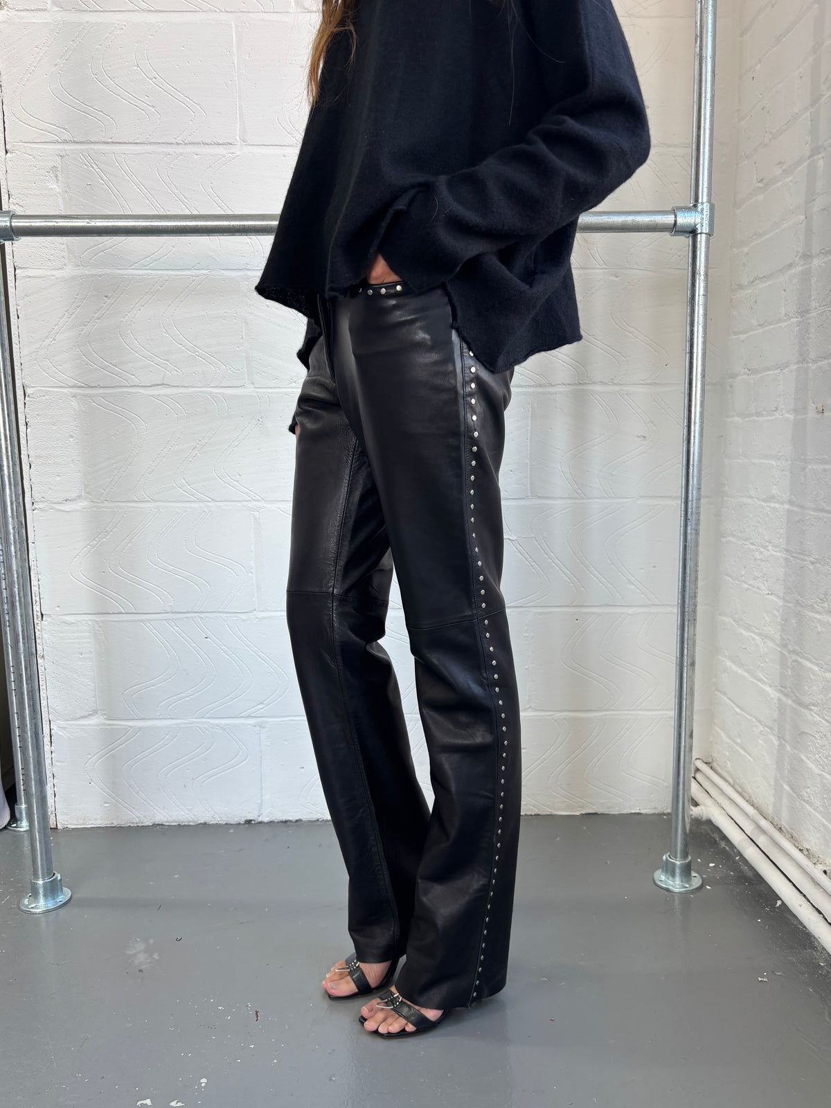 ANDREW MARC LEATHER STUDDED TROUSERS