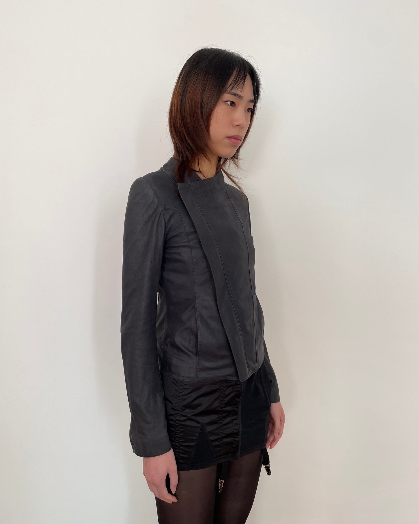 ASYMMETRIC ZIP UP GOAT LEATHER JACKET