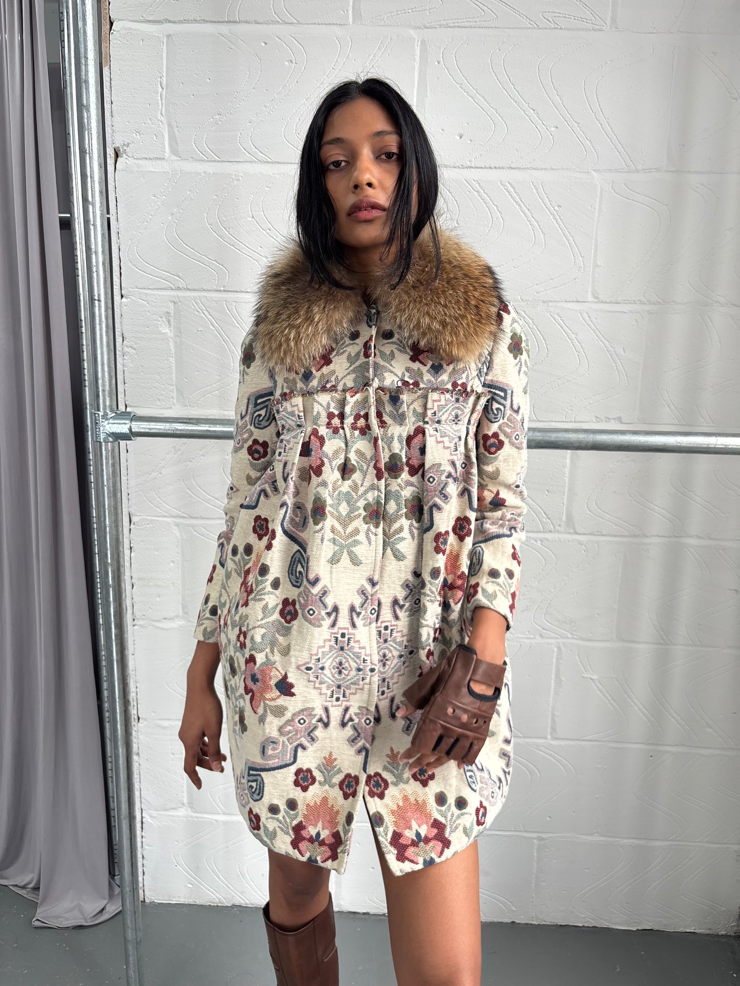 JAPANESE DECONSTRUCTED FLORAL JACKET WITH FUR