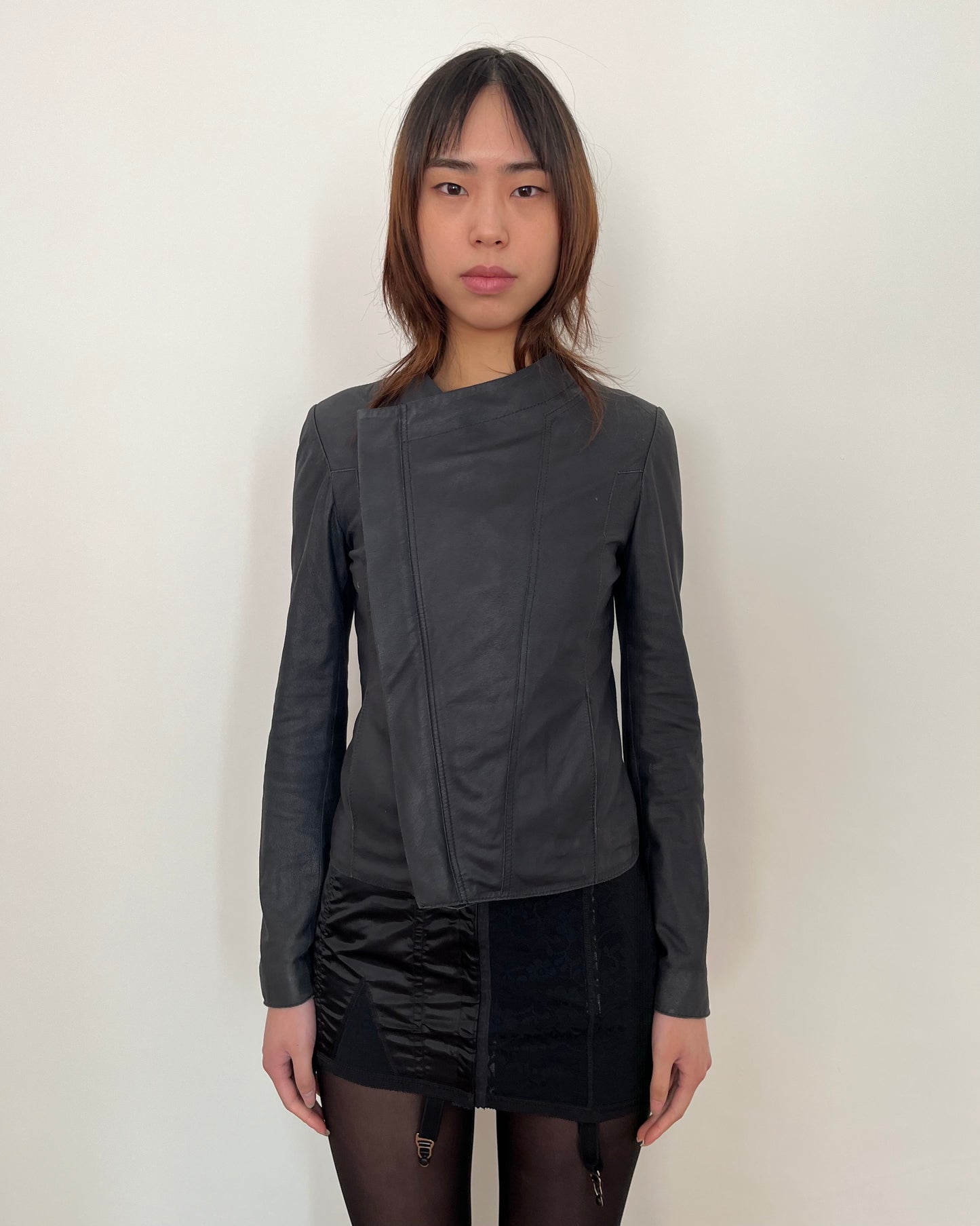 ASYMMETRIC ZIP UP GOAT LEATHER JACKET