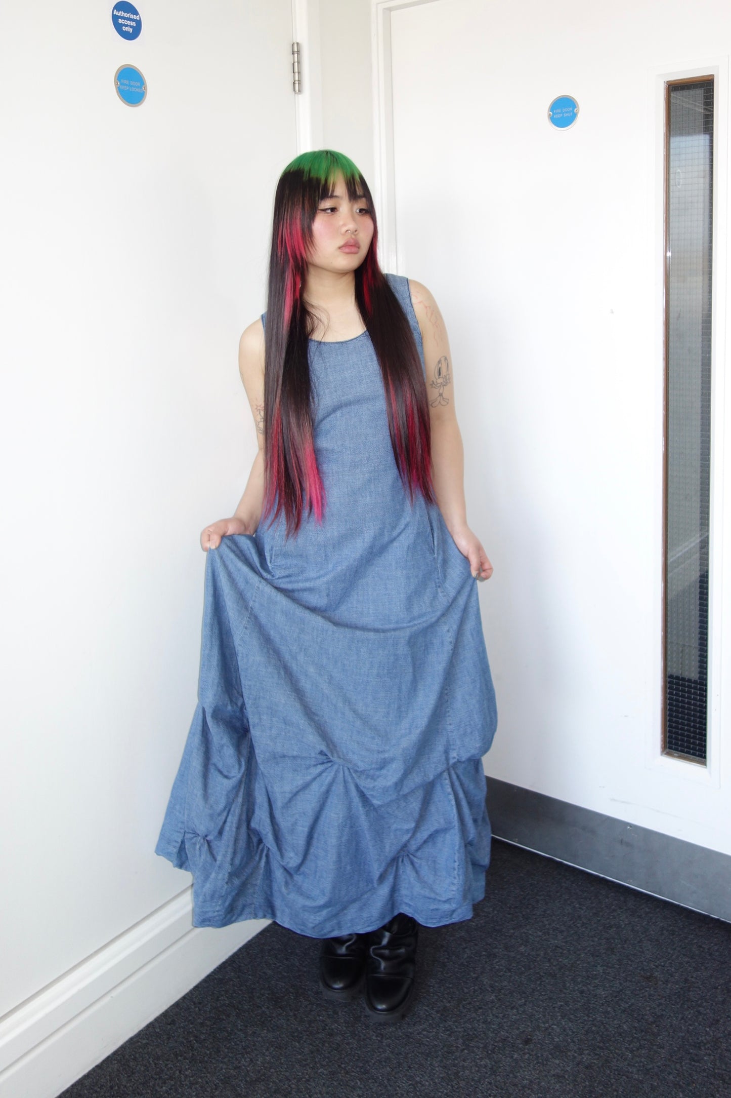 DENIM HITCHED MAXI DRESS