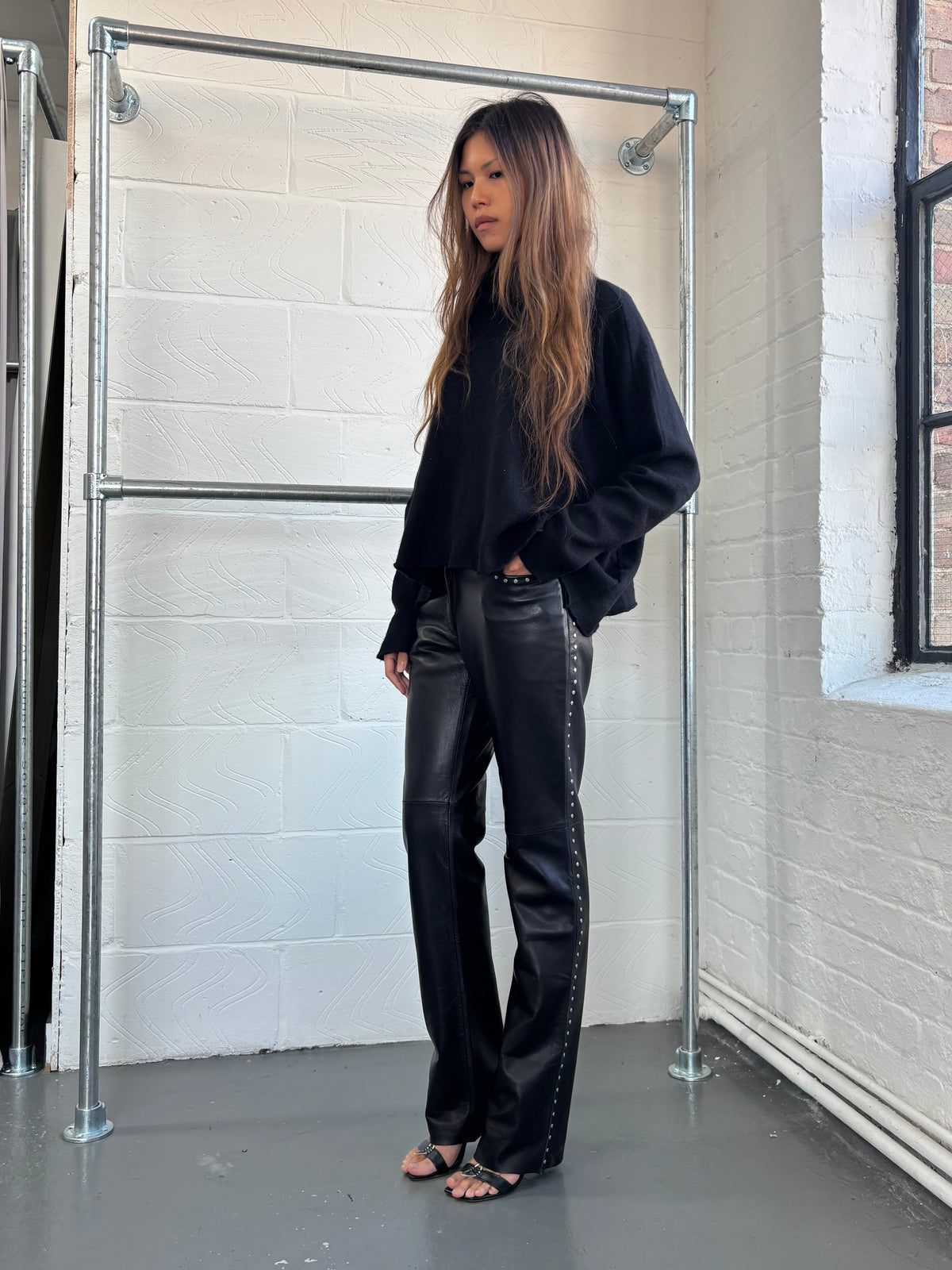 ANDREW MARC LEATHER STUDDED TROUSERS