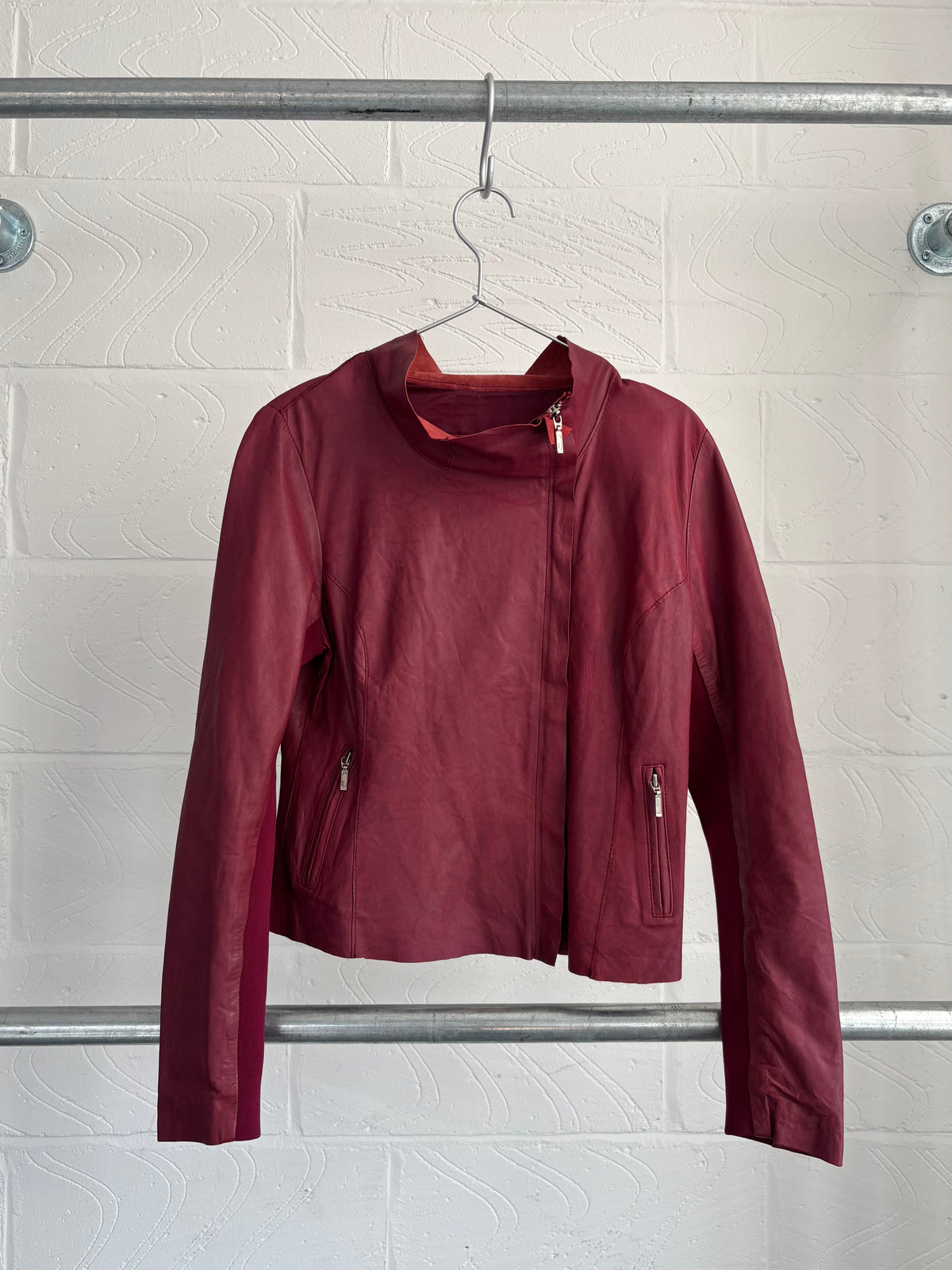 RED LEATHER ASYMMETRIC ZIP UP