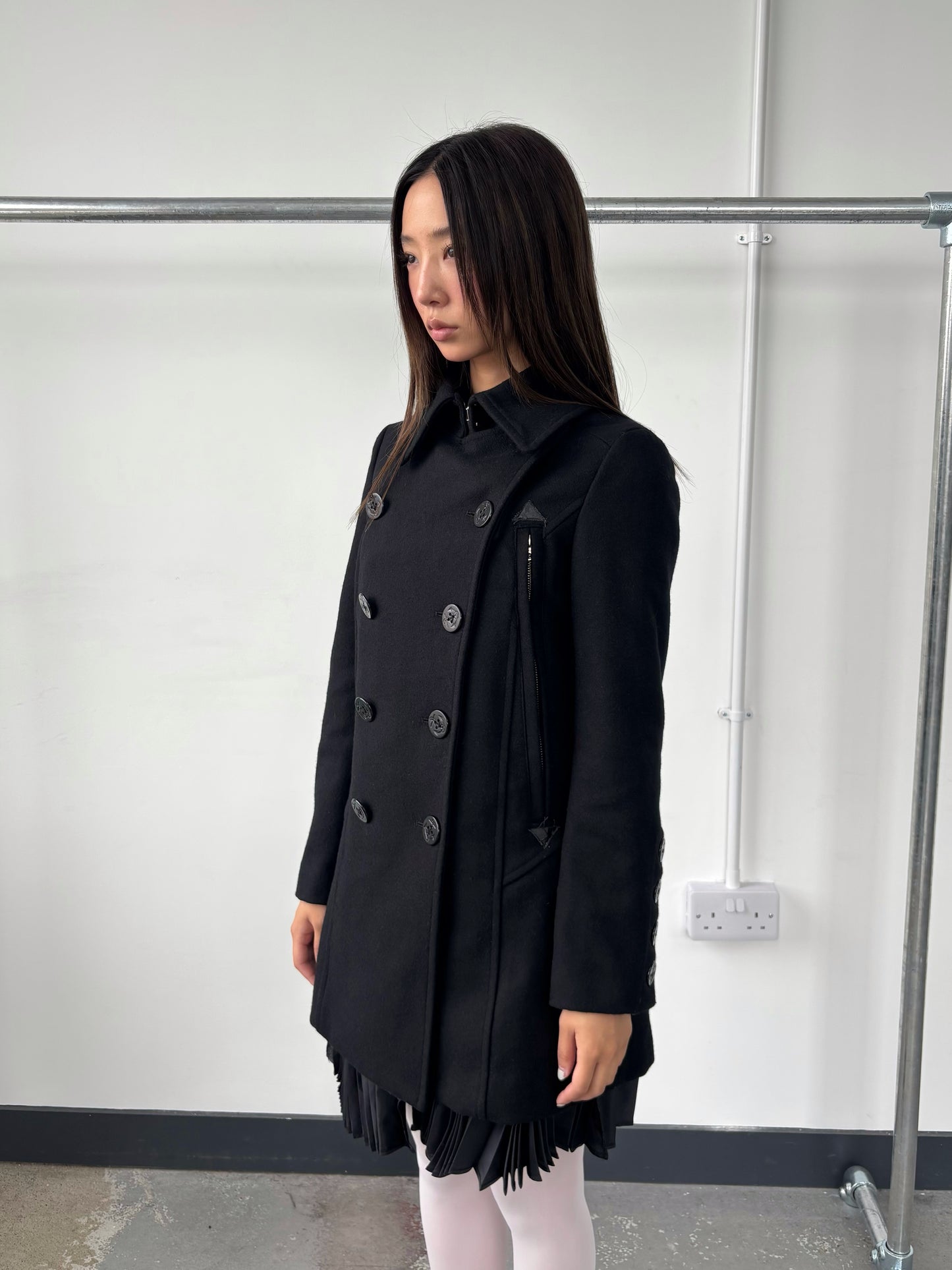 WOOL PEA COAT WITH PLEATED LINING