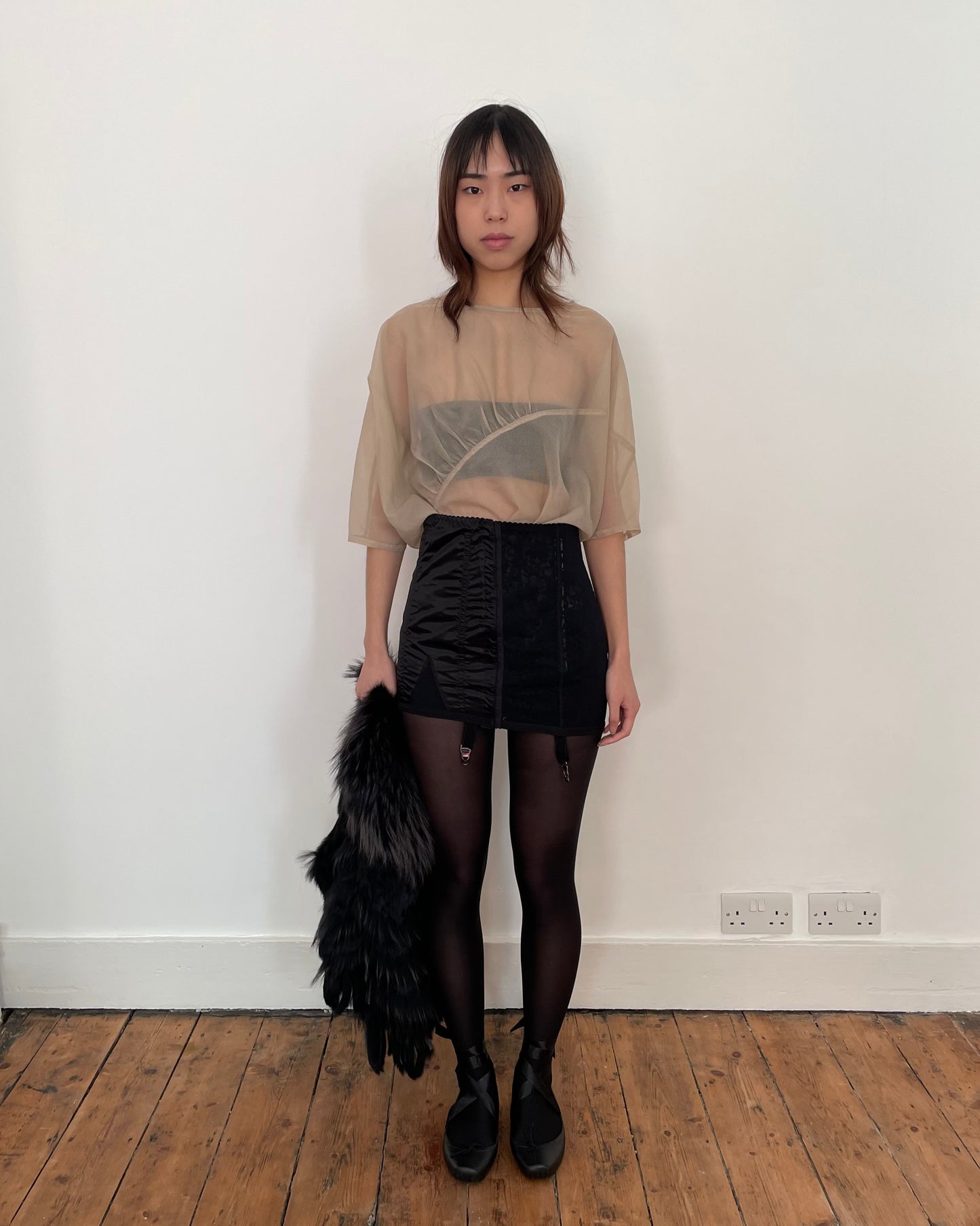 JAPANESE DESIGNER SHEER GRID BATWING TOP