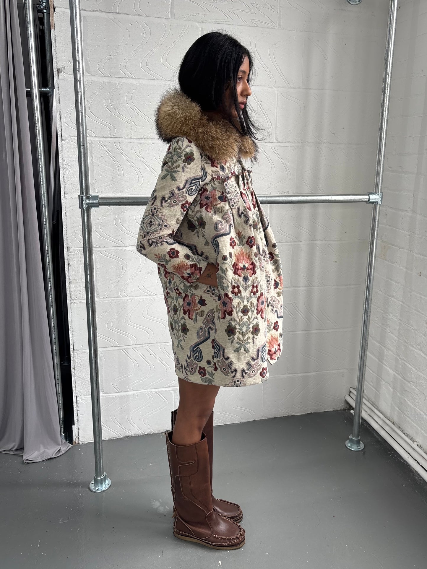 JAPANESE DECONSTRUCTED FLORAL JACKET WITH FUR