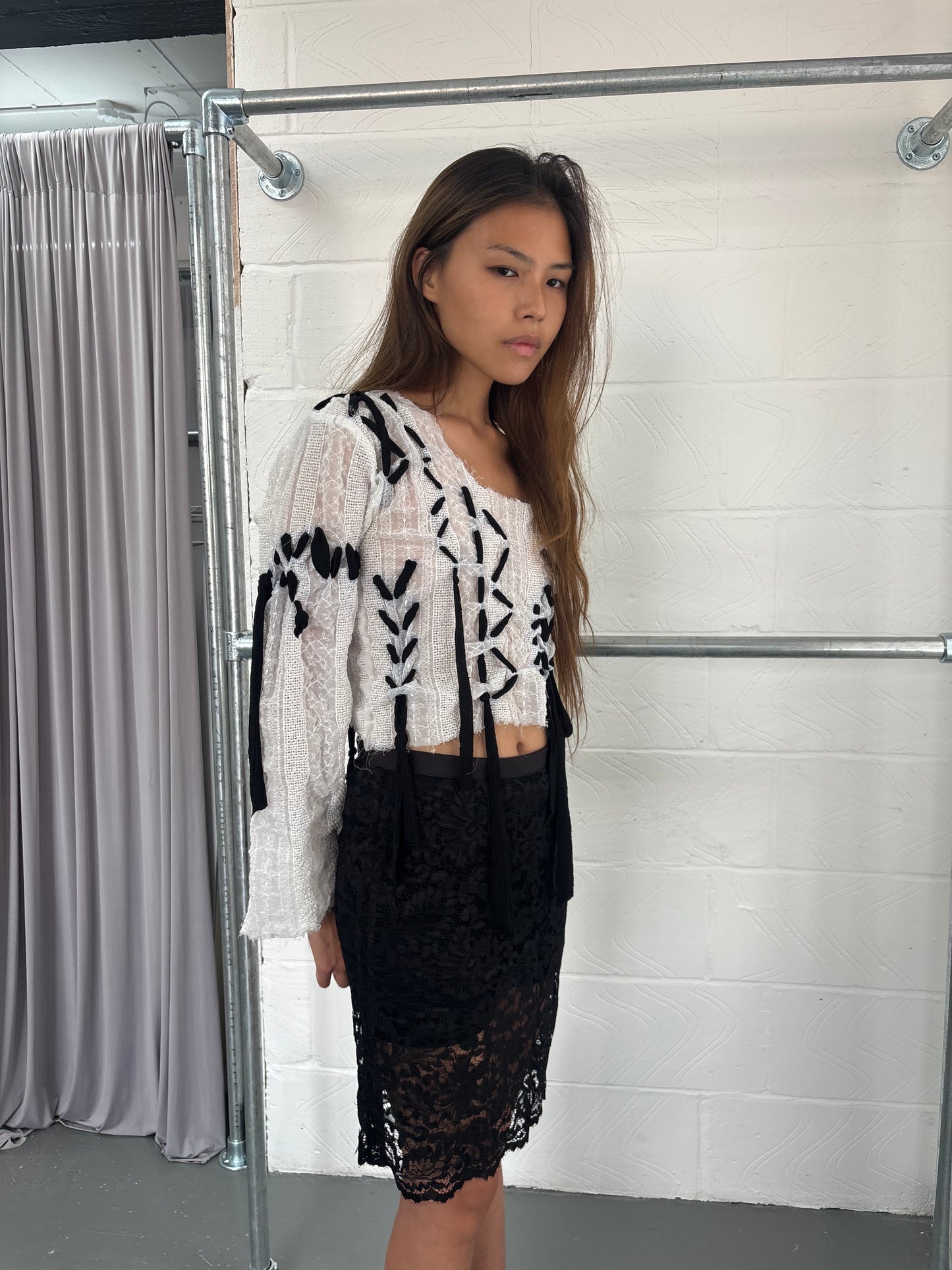 SHEER LACE UP BLOUSE